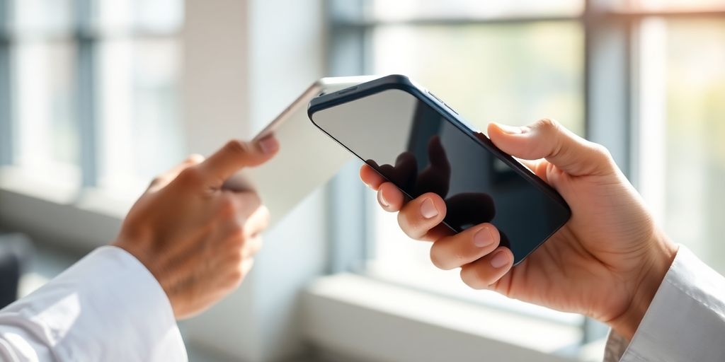 Close-up of hands holding a tablet and a smartphone.