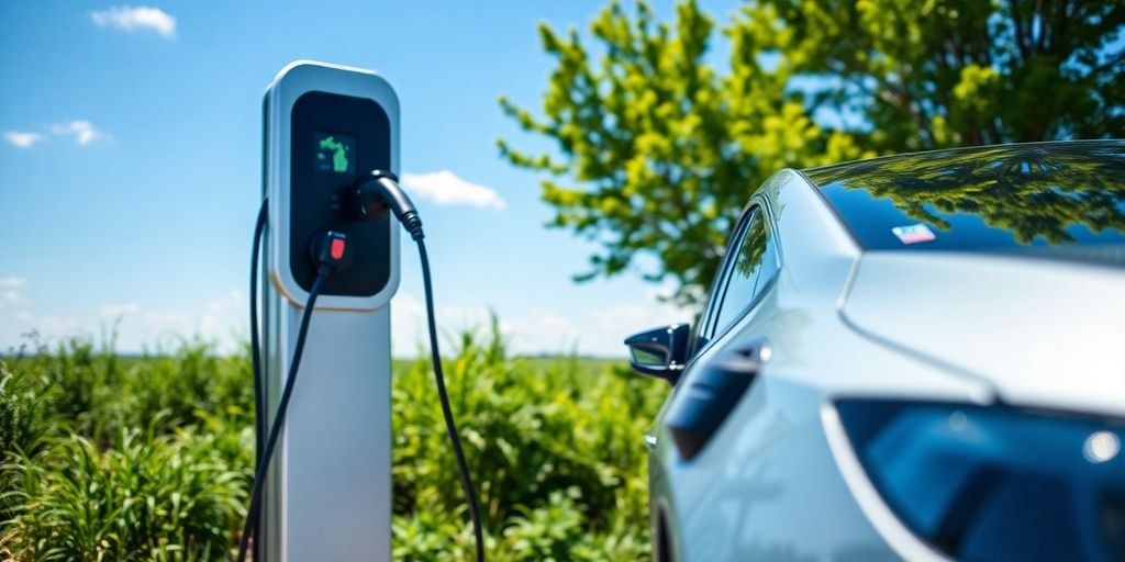 Electric vehicle charging station in Michigan with lush background.