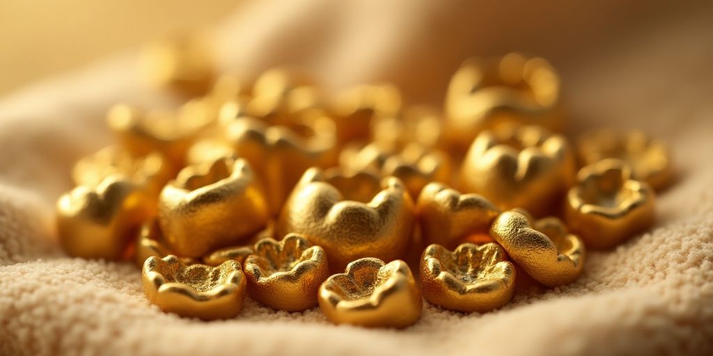 Des objets en or dentaire brillants sur un fond doux.