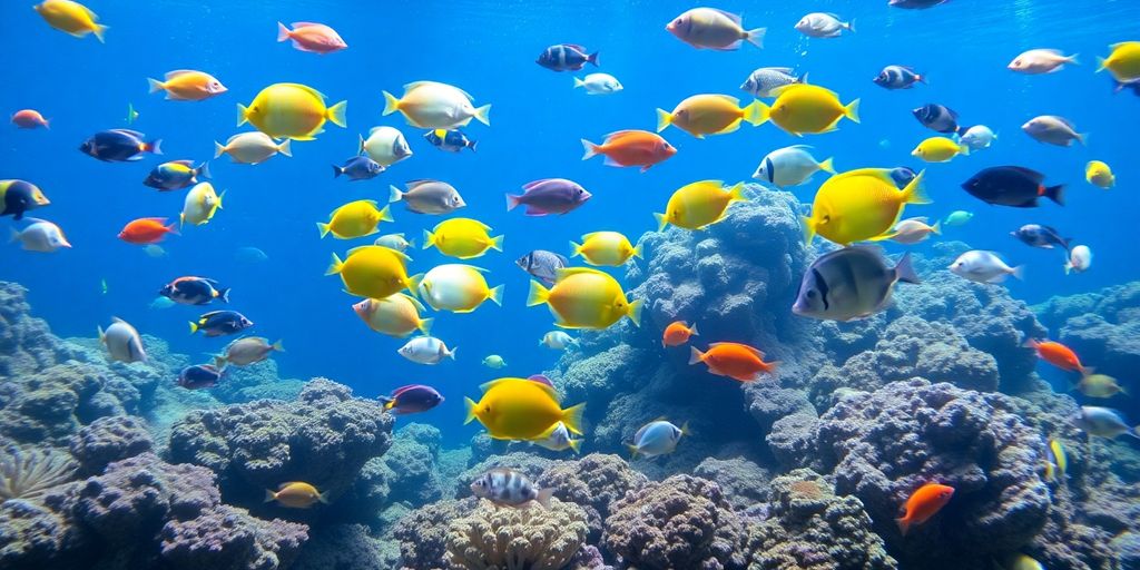Peces de agua salada coloridos nadando en un arrecife de coral.