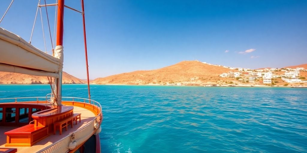 Luxury gulet sailing past Greek islands.