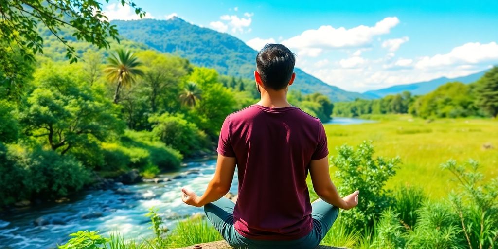Meditating person in a peaceful natural landscape.