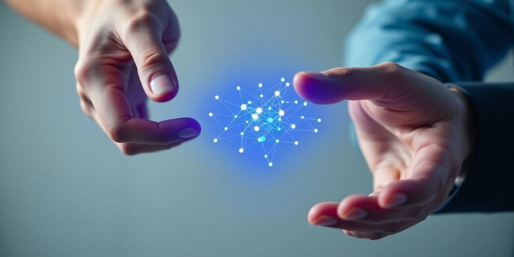 Hands connect, digital blockchain network glows.