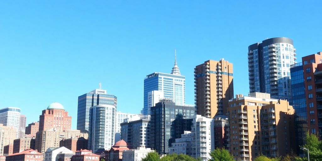 Urban skyline with diverse residential and commercial buildings.