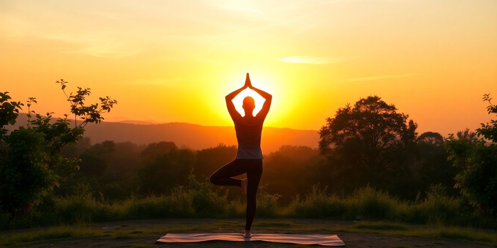 Person practicing yoga at sunrise in a tranquil landscape.