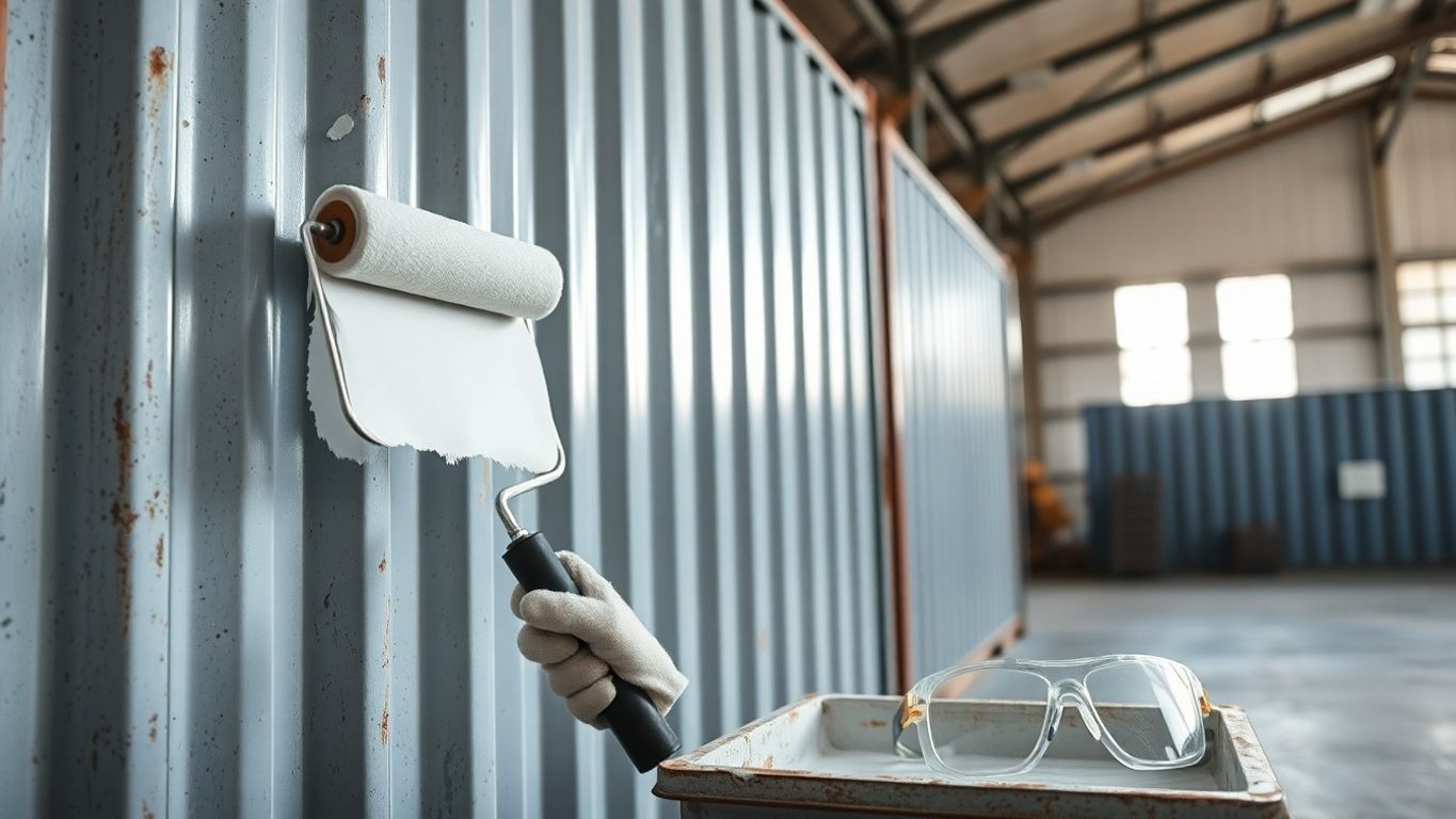Paint roller applying bright primer on corrugated container metal surface