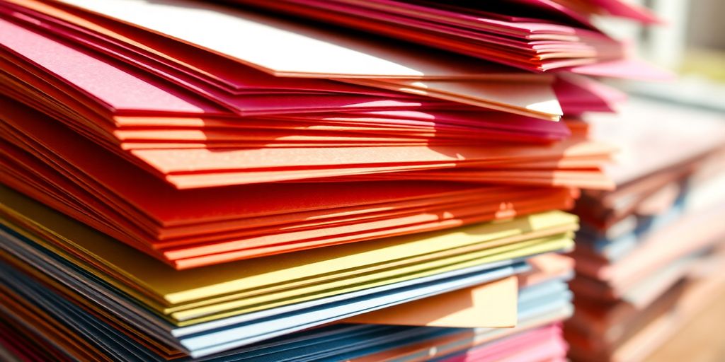 Colorful recycled paper greeting cards stacked attractively.