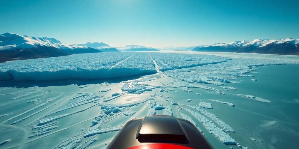 A helicopter flying over a vast Alaskan glacier and mountains.