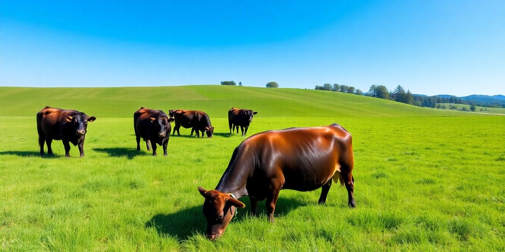 Cows grazing in a green pasture.