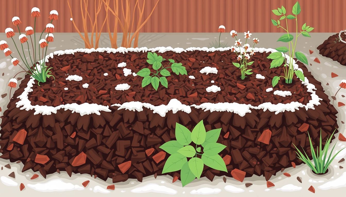Garden bed with mulch and winter plants