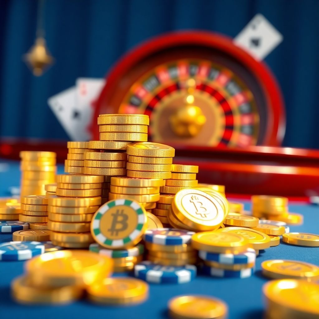 3D crypto casino table with coins, chips, and roulette wheel.