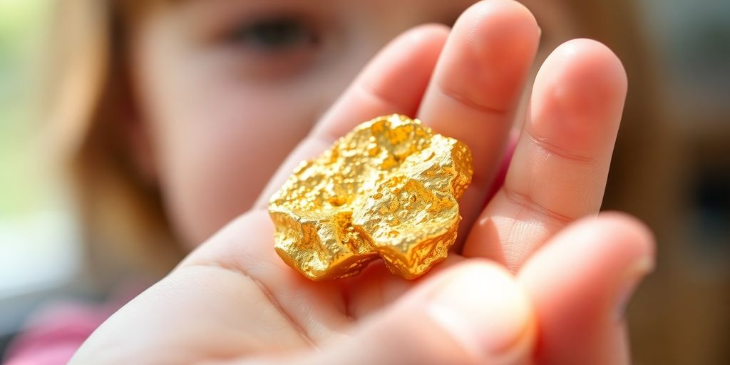 Enfant tenant une petite pépite d'or