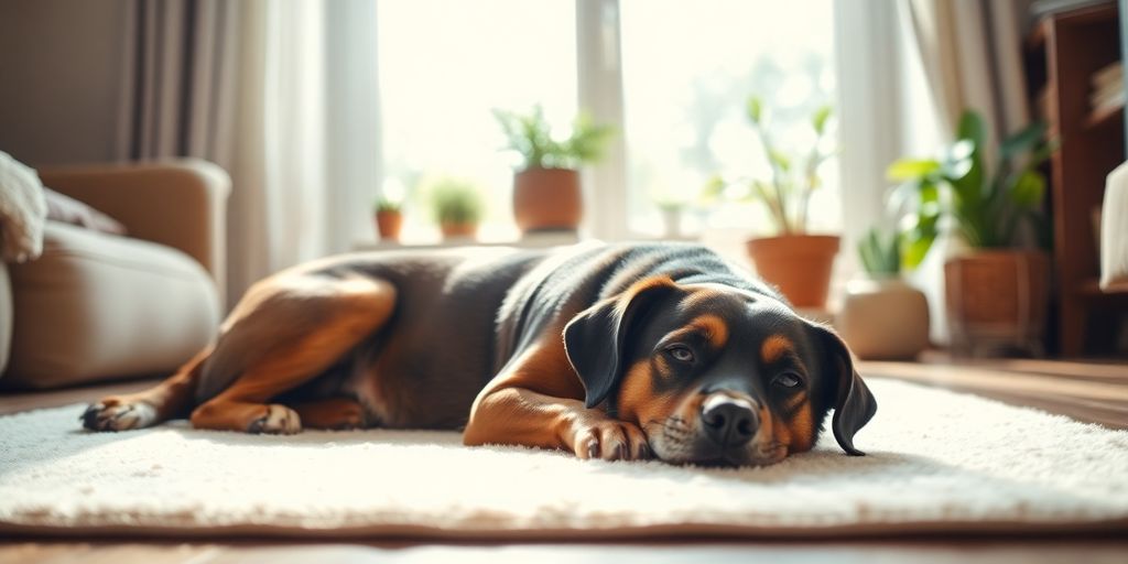Calm dog resting quietly in a cozy home setting.