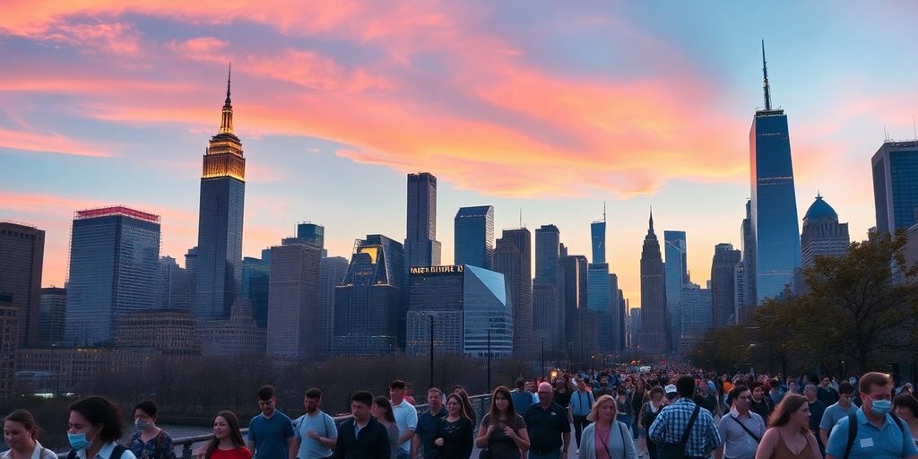 NYC skyline, diverse people, 2025 city life.