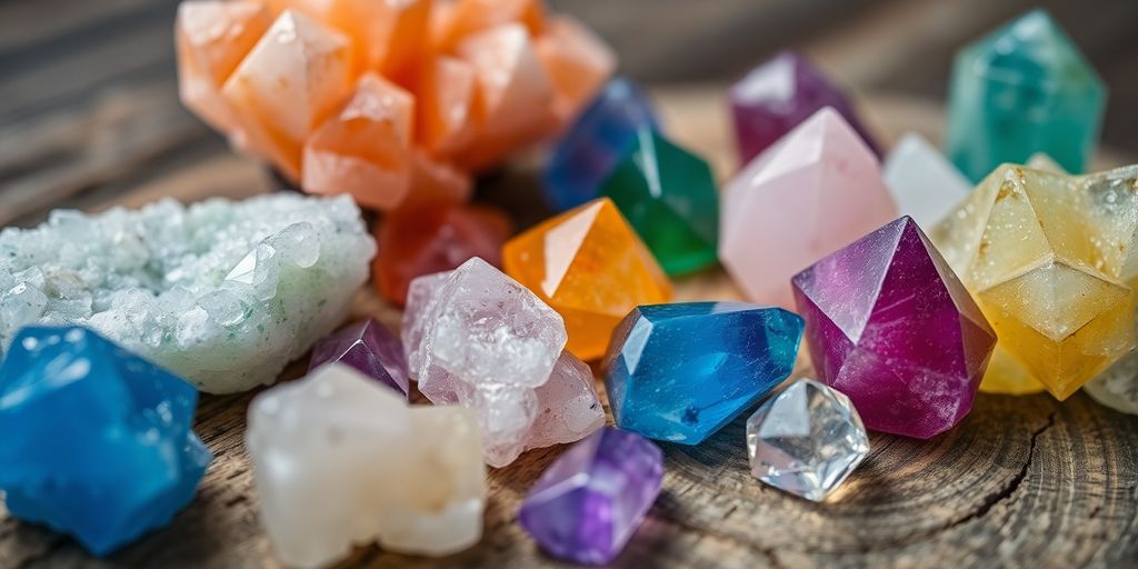 Varie pietre colorate su una superficie di legno.