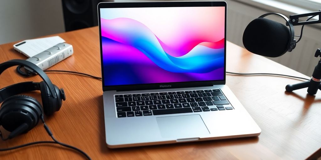 Apple MacBook Air M2 with podcasting equipment on table.