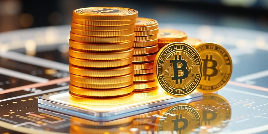 Shiny crypto coins stacked on digital platform, growing.