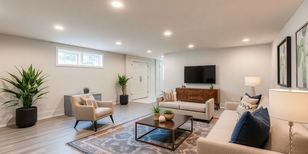 Modern basement with cozy seating and bright lighting.
