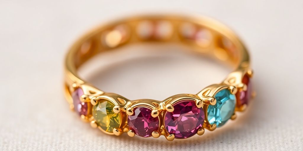 Bague en or avec pierres précieuses sur fond neutre.
