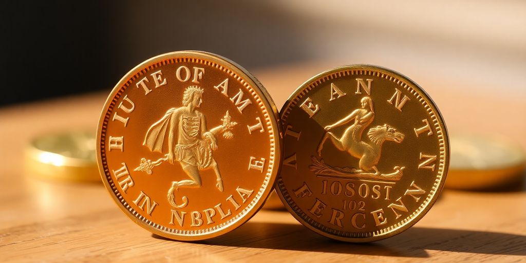 Deux pièces de Napoléon en or, l'une française, l'autre étrangère.