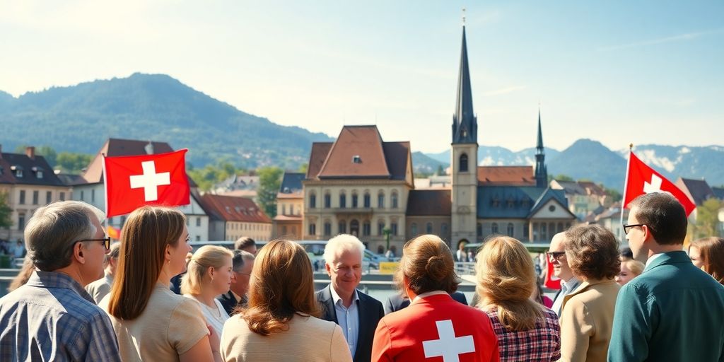 Group discussion among diverse Swiss political party members outdoors.