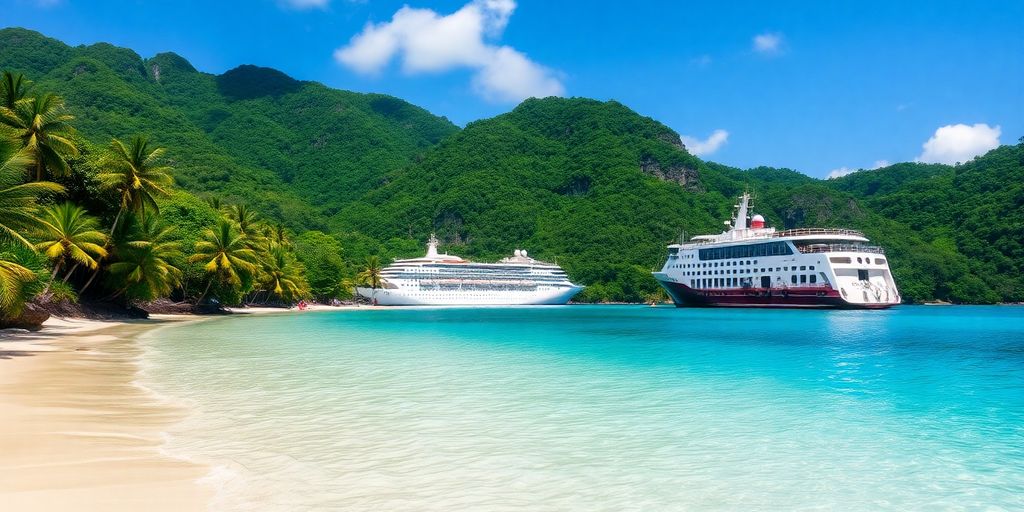 Tropischer Strand mit einem nachhaltigen Kreuzfahrtschiff vor Anker.