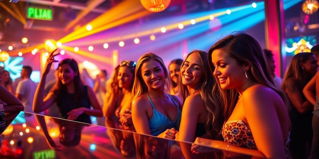 People dancing, colorful lights, energetic Cabo nightlife.