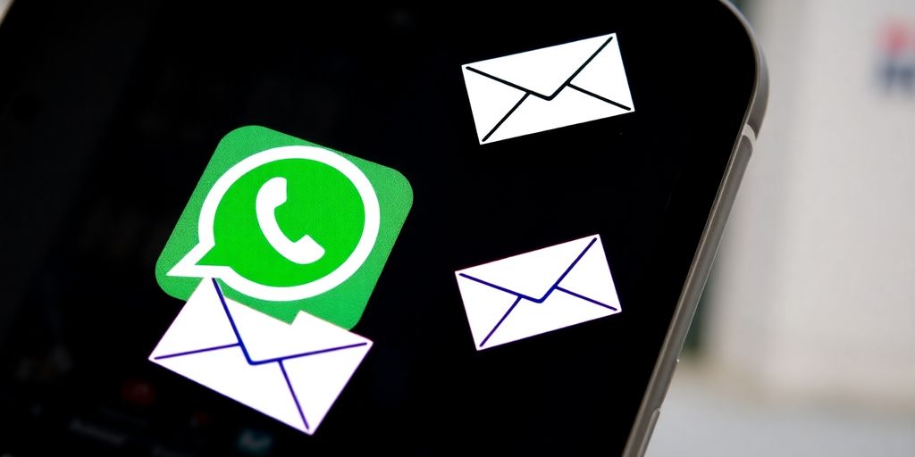 Smartphone with WhatsApp logo and temp mail envelopes.