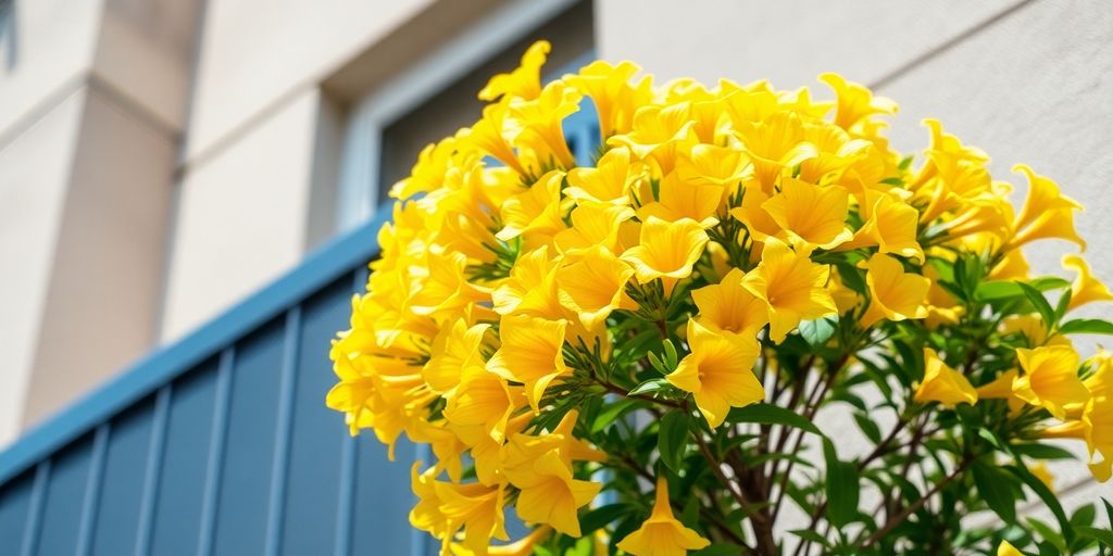 Lapacho amarillo en jardín vertical de balcón floreciendo.