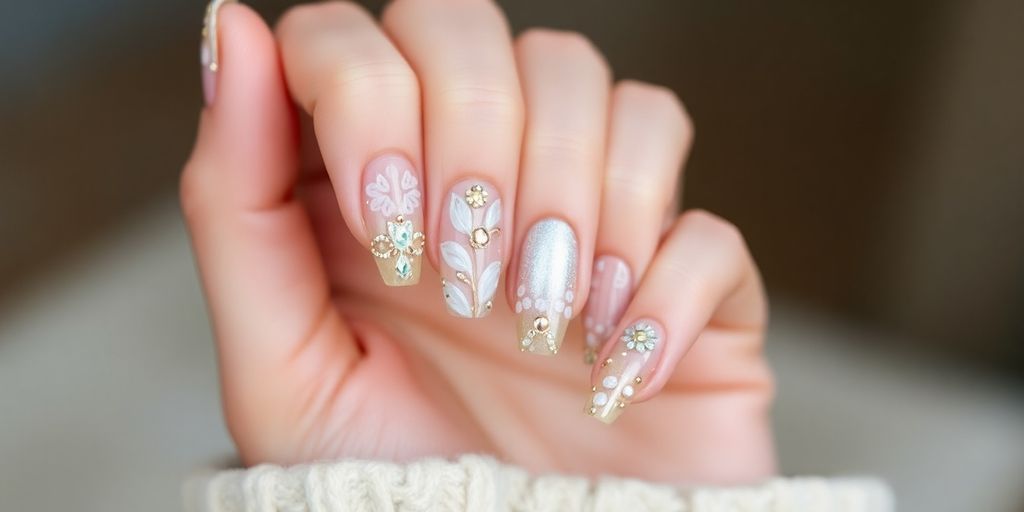 Unhas de fibra decoradas com designs elegantes e delicados.