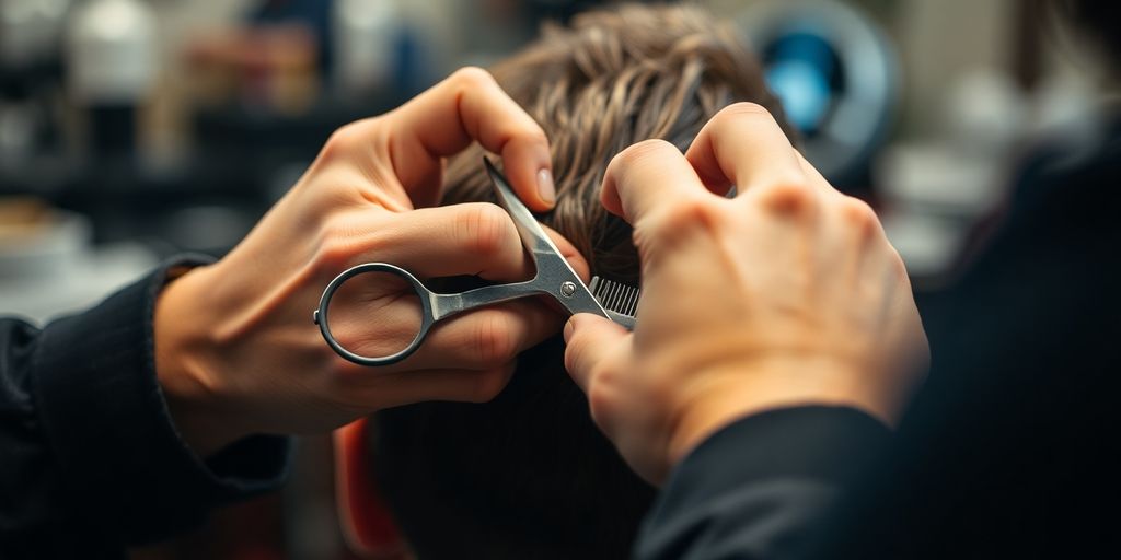 Barber meticulously cutting hair with scissors.