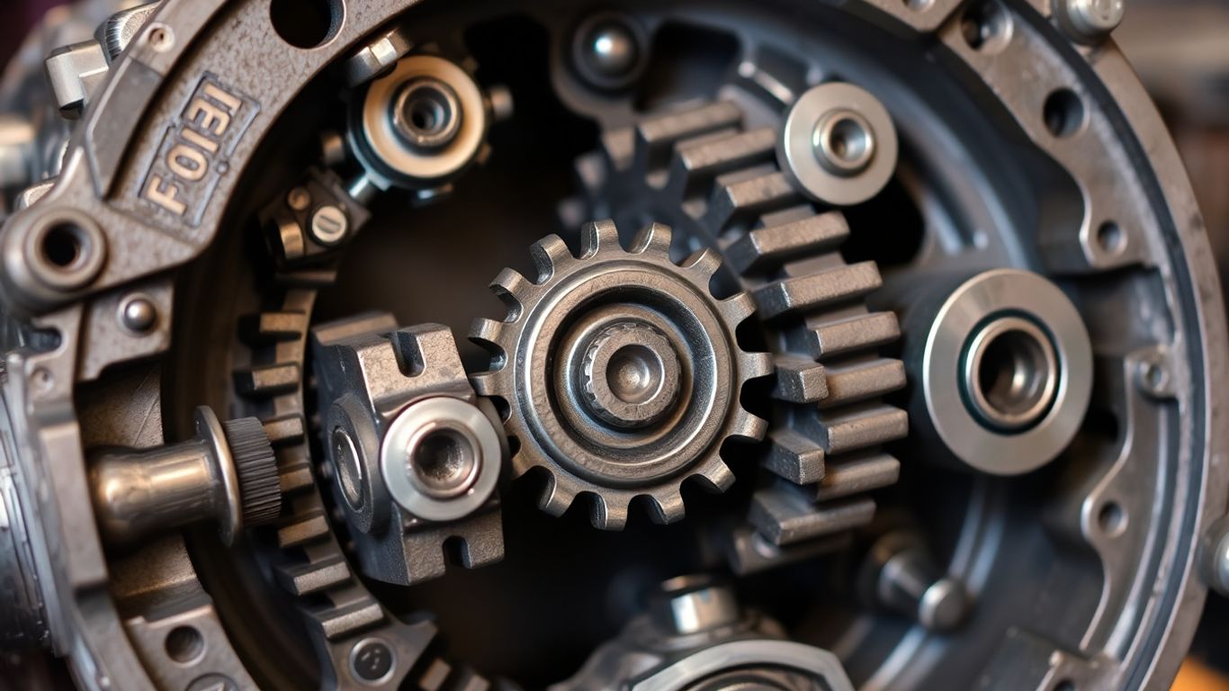 Disassembled Fiat gearbox with visible gears and internal components.