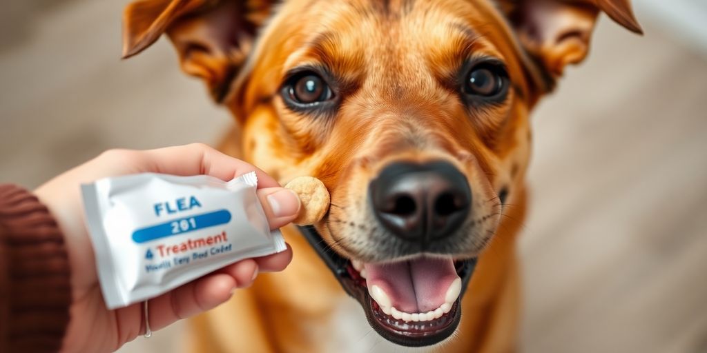 A happy dog enjoying a flea treatment treat.