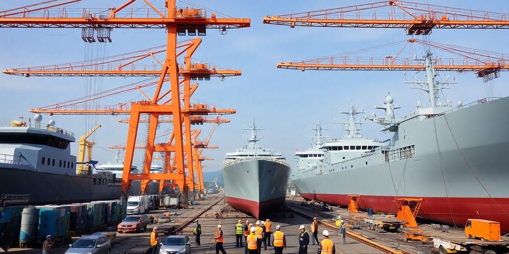 Korean shipyard with cranes and workers in action.