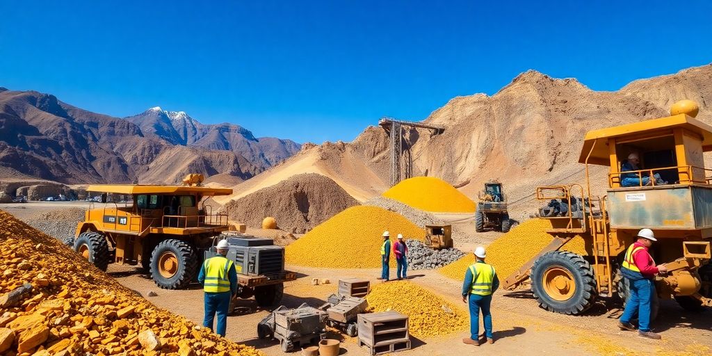 Mine d'or avec des travailleurs et des machines.