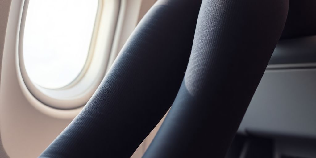 Traveler wearing compression socks on an airplane.