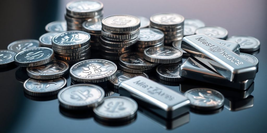 Shimmering silver coins and bars on a dark surface.