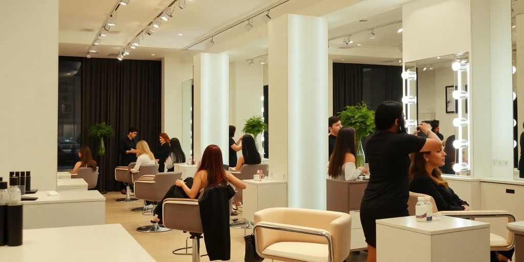 Stylish salon interior with clients enjoying haircare treatments.