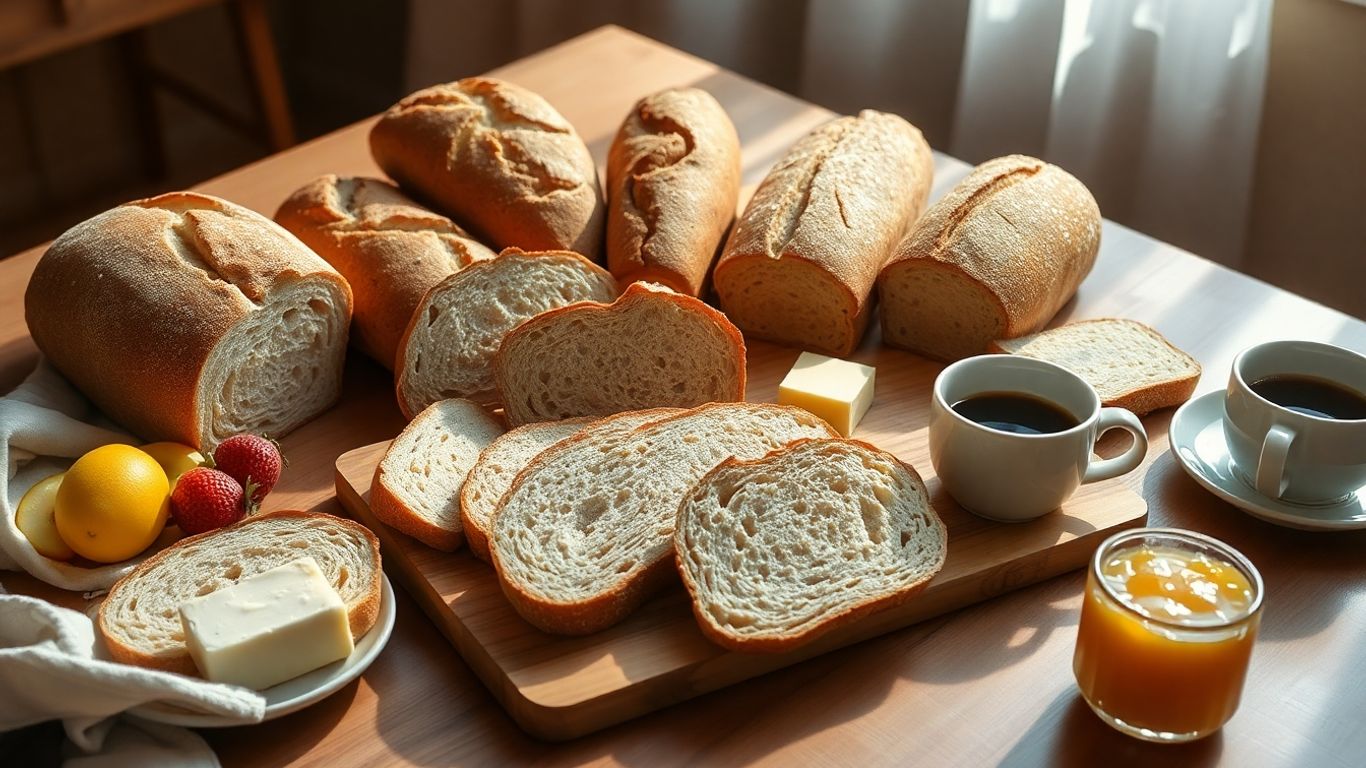 Assorted breakfast loaves on rustic morning table setup.