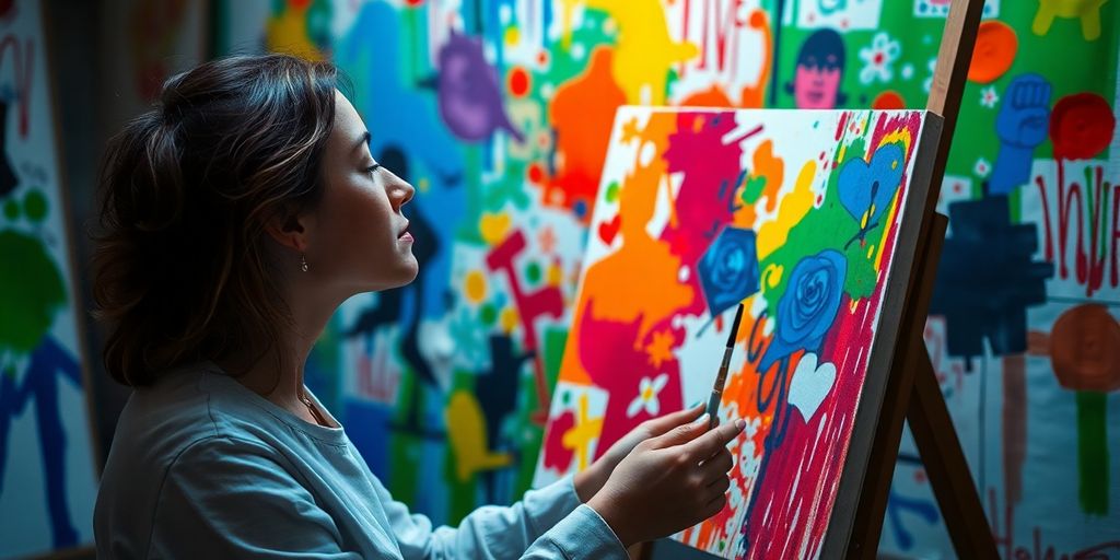 Person smiling while painting with colorful brushstrokes.