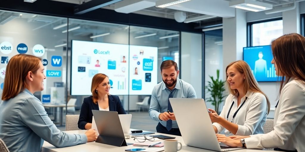 Profissionais de marketing digital em ambiente moderno.