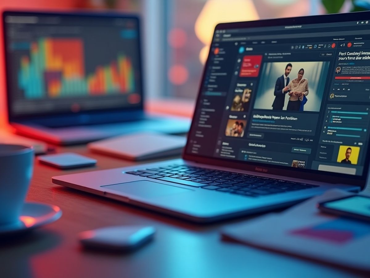 Birou modern cu laptop și dispozitive digitale.