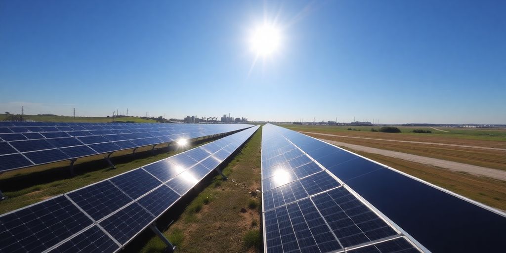Industrial solar panels in a sunny landscape.