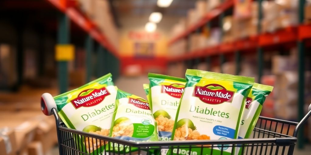 Costco shopping cart with diabetes health packs.