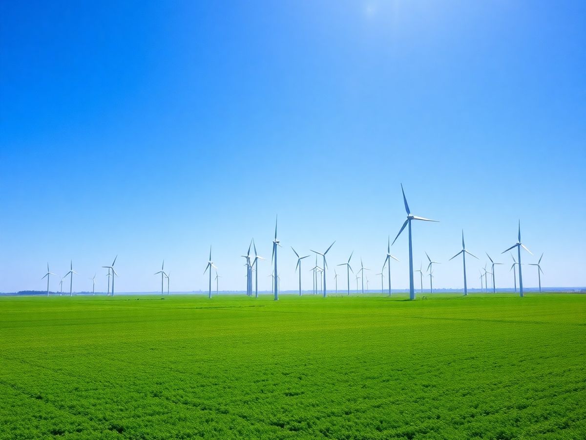 Turbine eoliene pe un câmp verde sub un cer albastru.