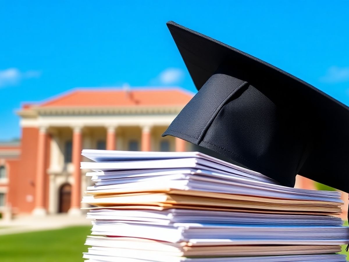 Graduation cap on scholarship applications with campus background.