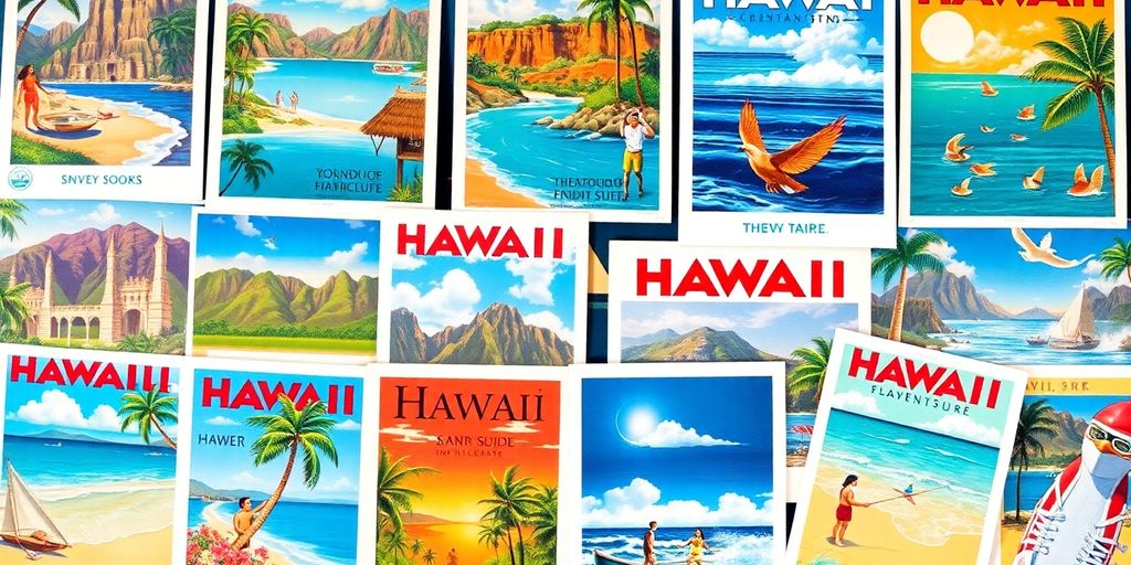 Vintage Hawaii travel posters with vibrant island scenes.