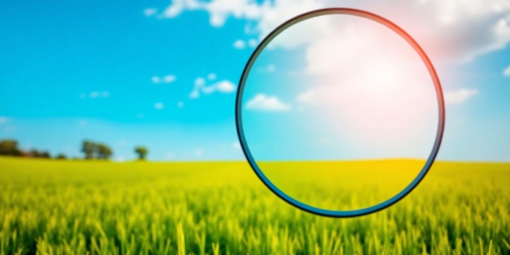 Magnifying glass over a green field and blue sky.