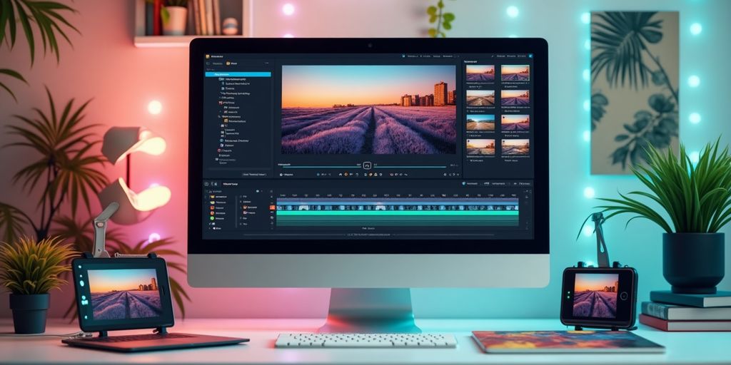 A modern workspace with AI video editing software on screen.