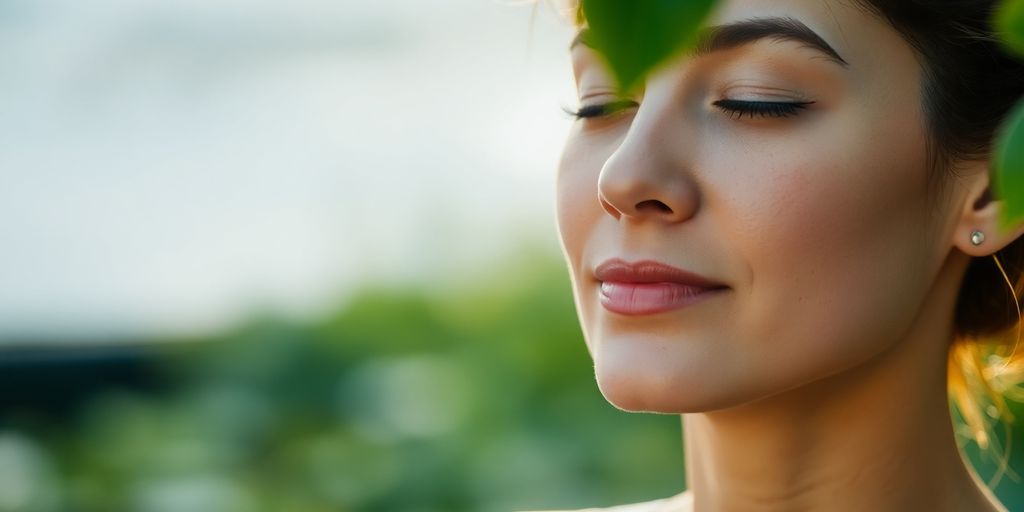 Serene person meditating outdoors, gentle light.